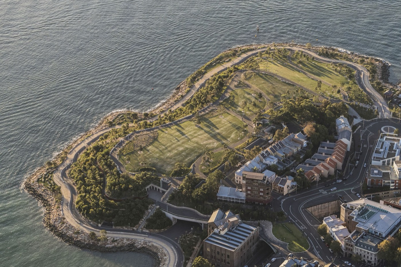 Aerial view of the Barangaroo Reserve headland park with its sandstone foreshore