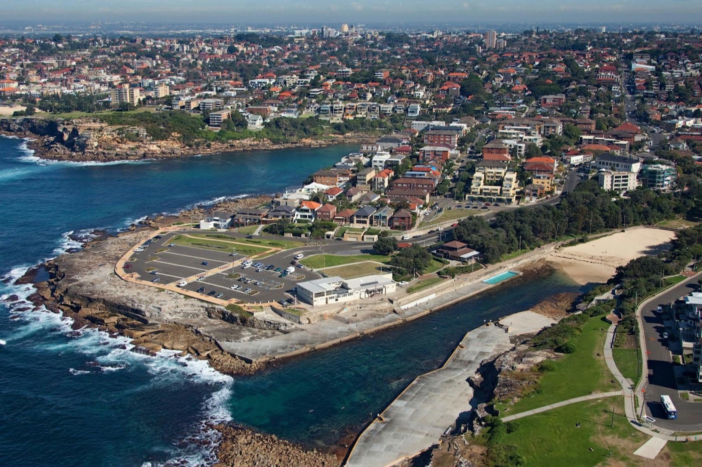 Aerial view of Clovelly's long, concrete-edged swimming inlet