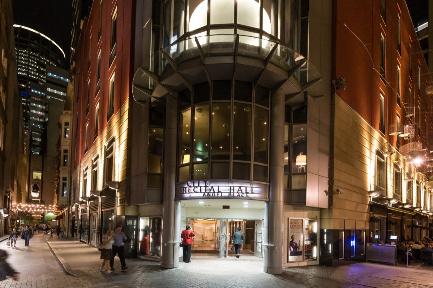 City Recital Hall entrance on Angel Place at night