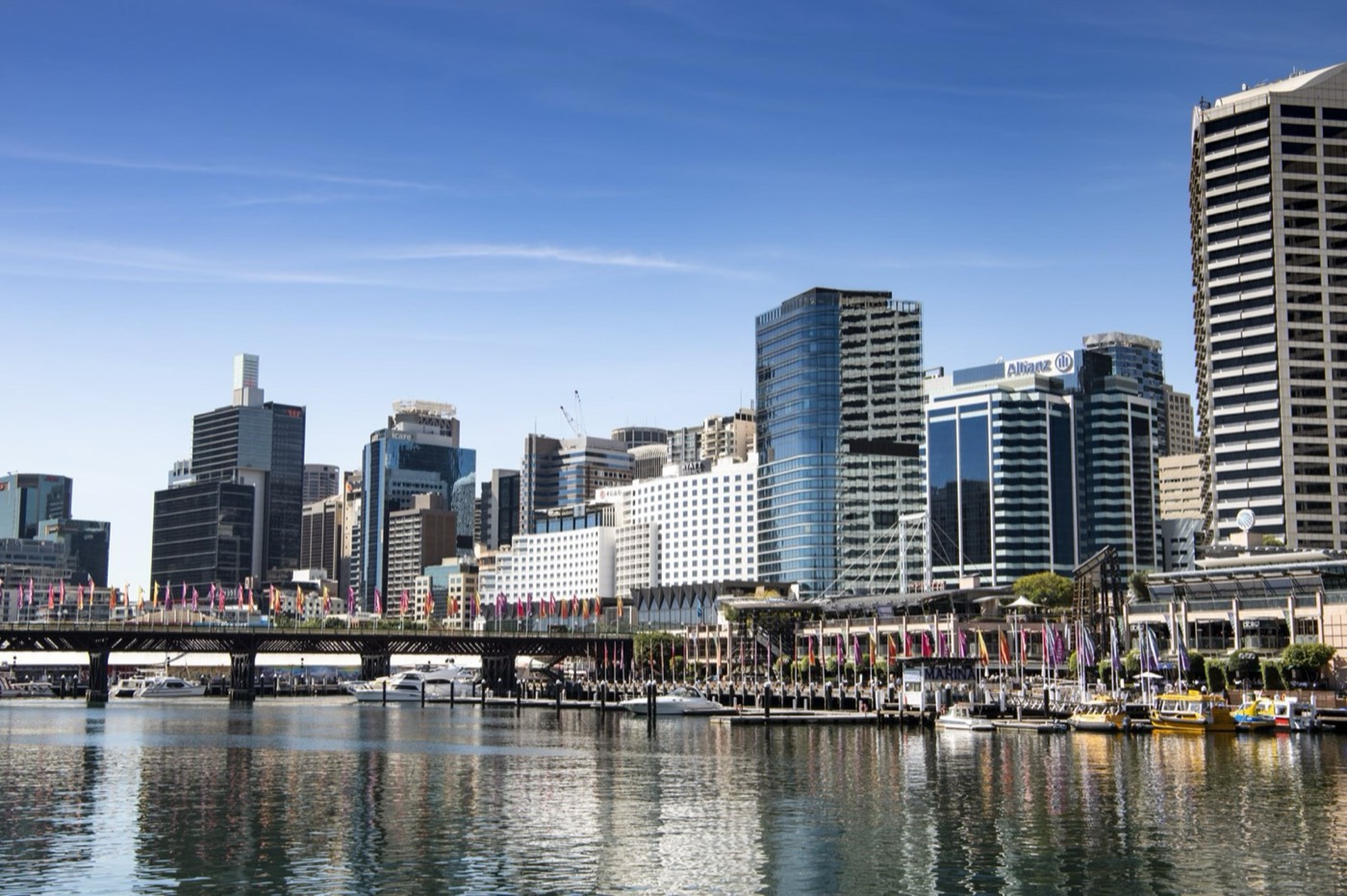 Darling Harbour's Cockle Bay waterfront and city skyline