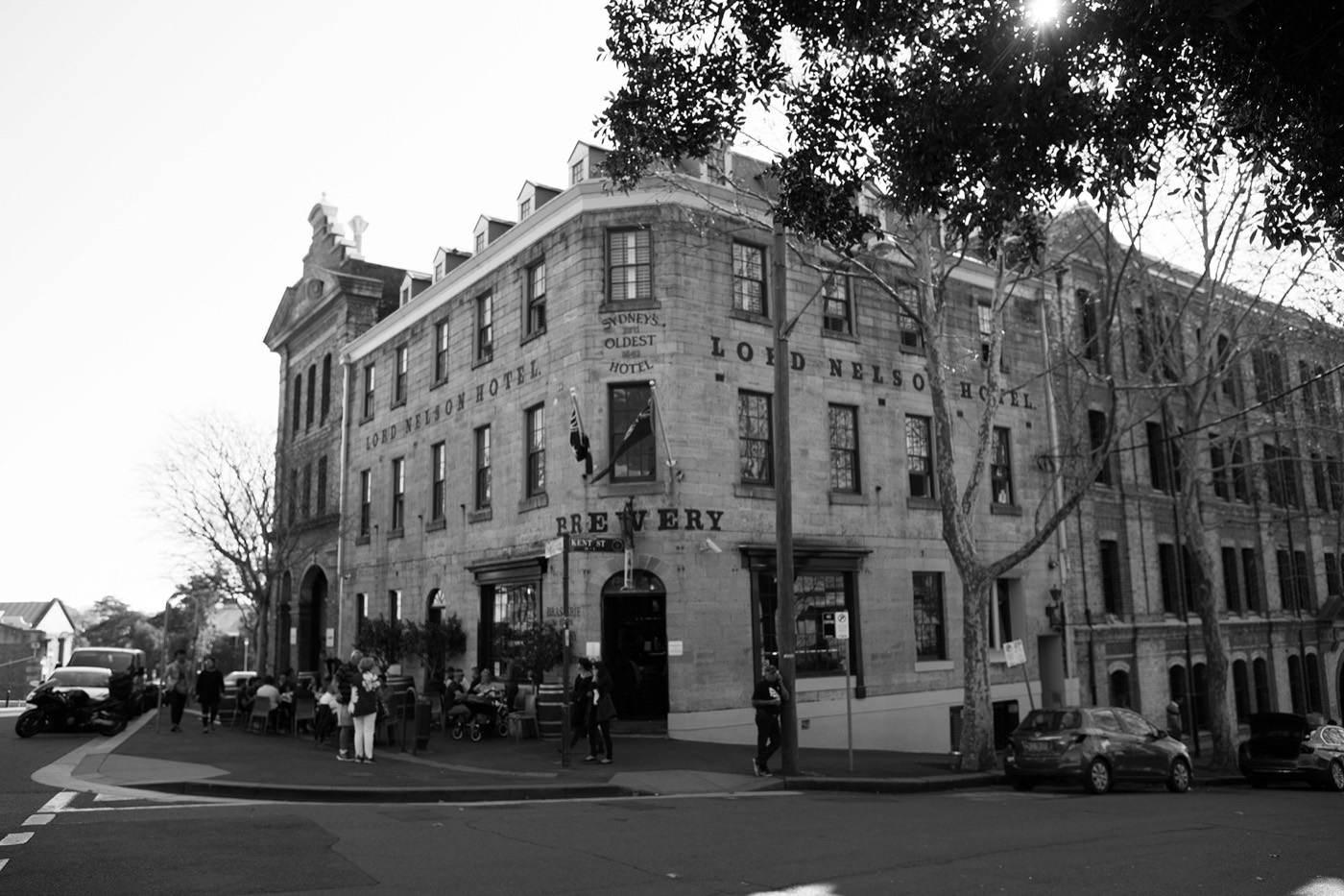 The sandstone corner facade of the Lord Nelson Brewery Hotel