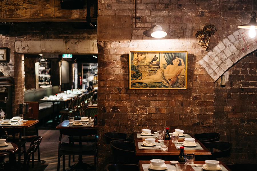 Exposed-brick dining room at Mr Wong in Sydney's CBD