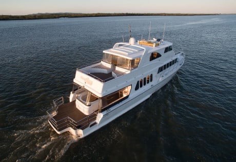 Luxury motor cruiser on the water, available through Boat Hire Sydney