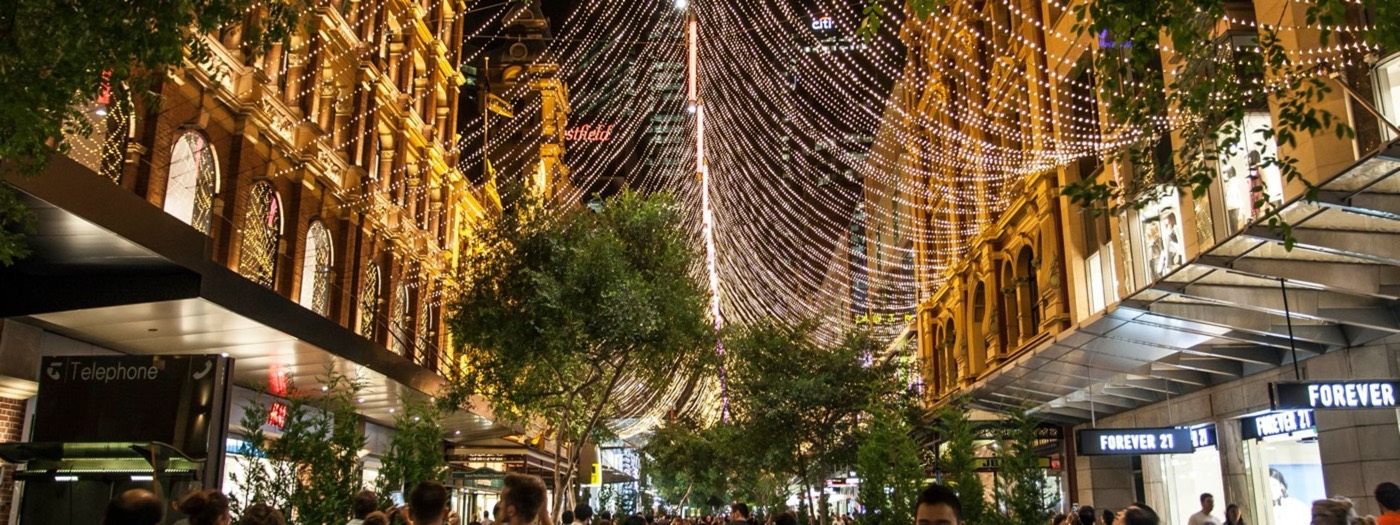 Thousands of fairy lights strung overhead between the sandstone buildings of Pitt Street Mall