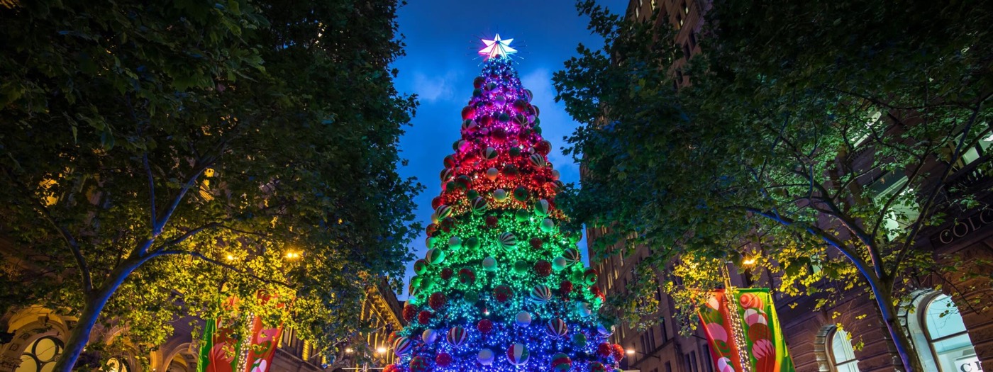 The Martin Place Christmas tree glowing in rainbow lights at dusk