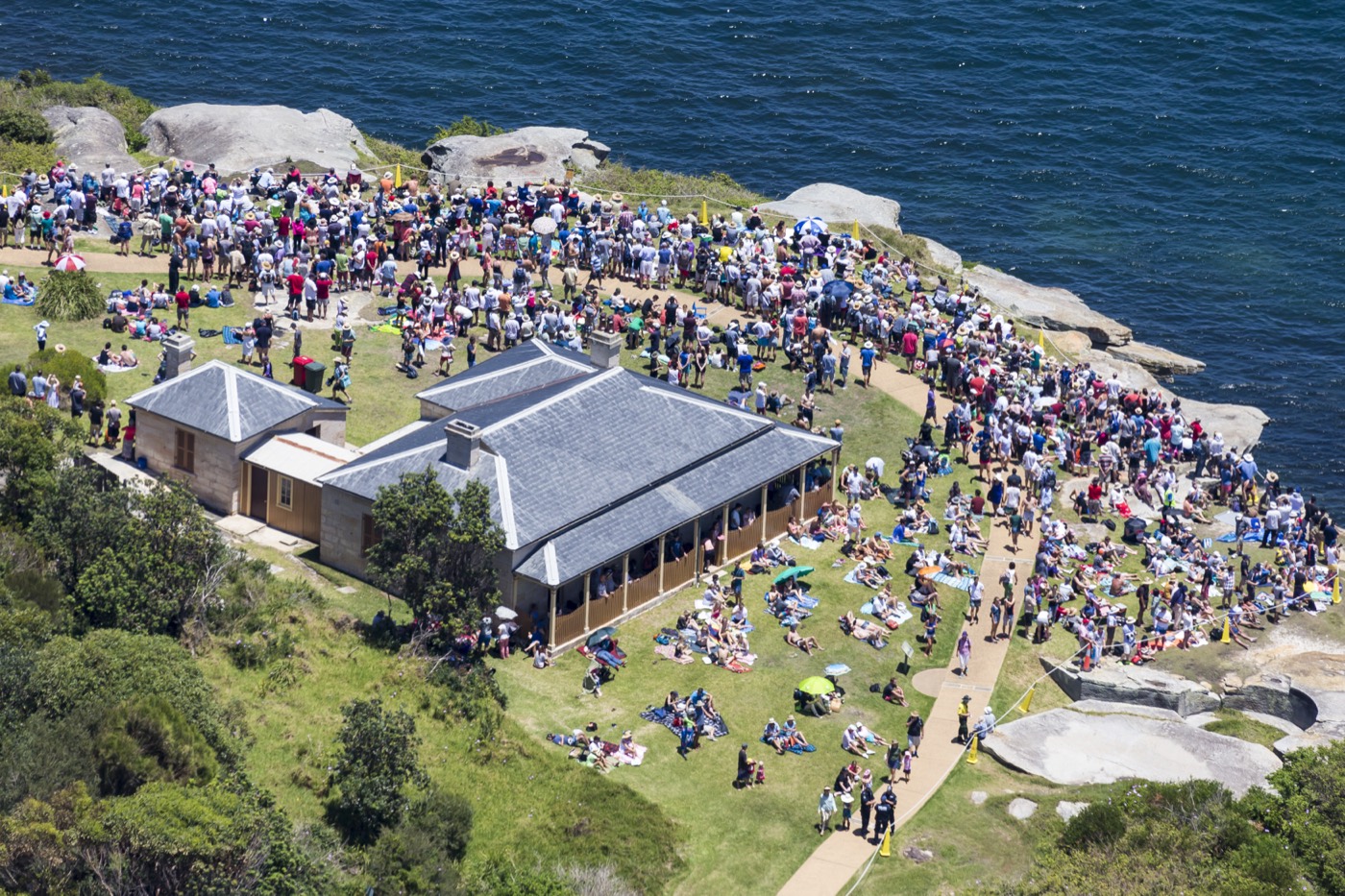 Aerial view of crowds picnicking on the South Head headland to watch the yacht race start