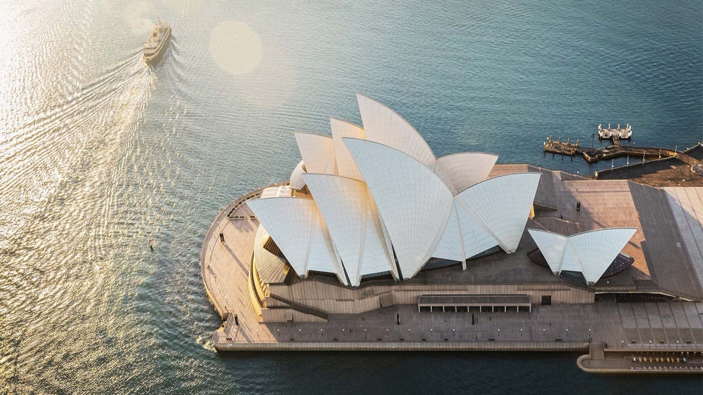 Aerial view of the Sydney Opera House sails and forecourt on Bennelong Point