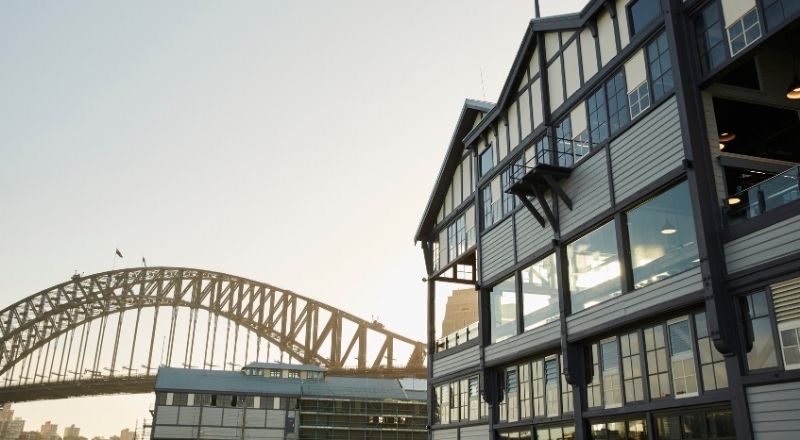 The Wharf at Walsh Bay, home of Sydney Theatre Company, with the Harbour Bridge behind
