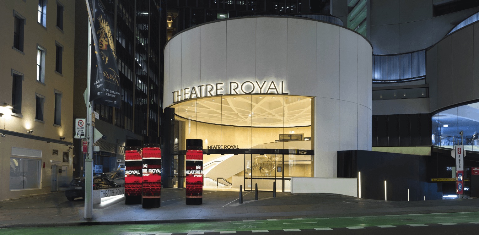 Theatre Royal Sydney entrance on King Street lit up at night
