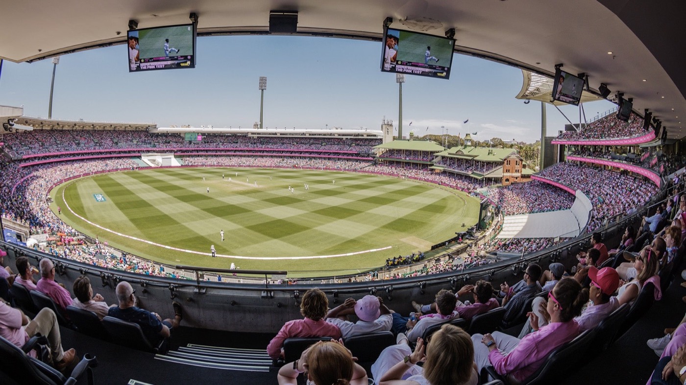 View over the SCG field from a hospitality area during a cricket match