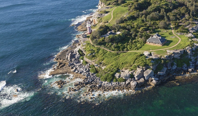 Aerial view of the clifftops and Hornby Lighthouse at South Head near Watsons Bay