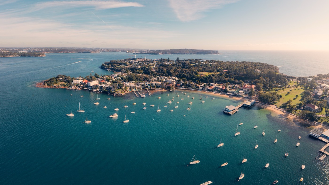 Aerial view of Watsons Bay with moored boats and the harbour